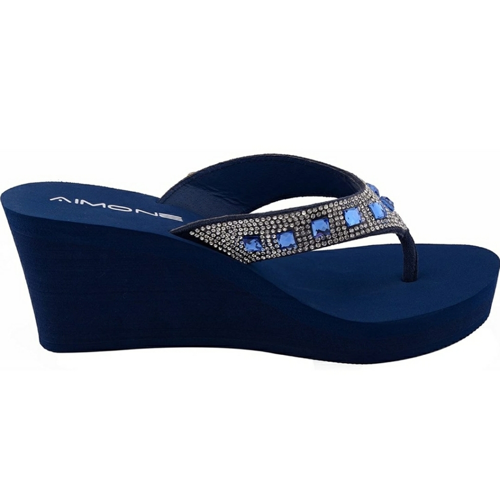 Blue Sparkly Wedge Flip Flop Sandals￼